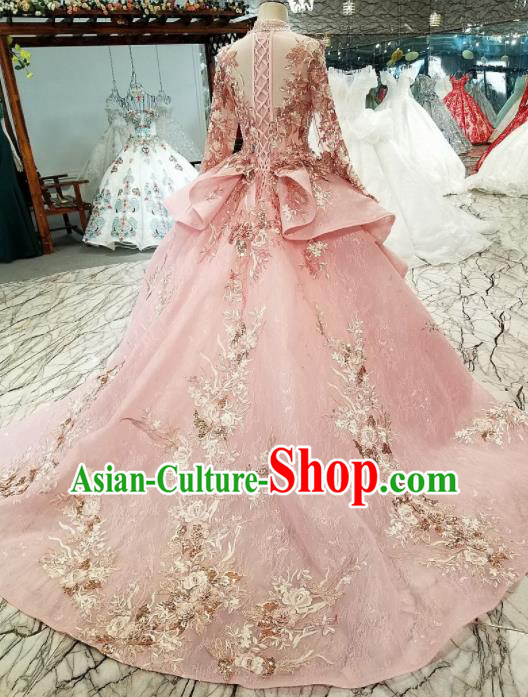 Top Grade Modern Fancywork Court Embroidered Pink Full Dress Customize Princess Waltz Dance Costume for Women