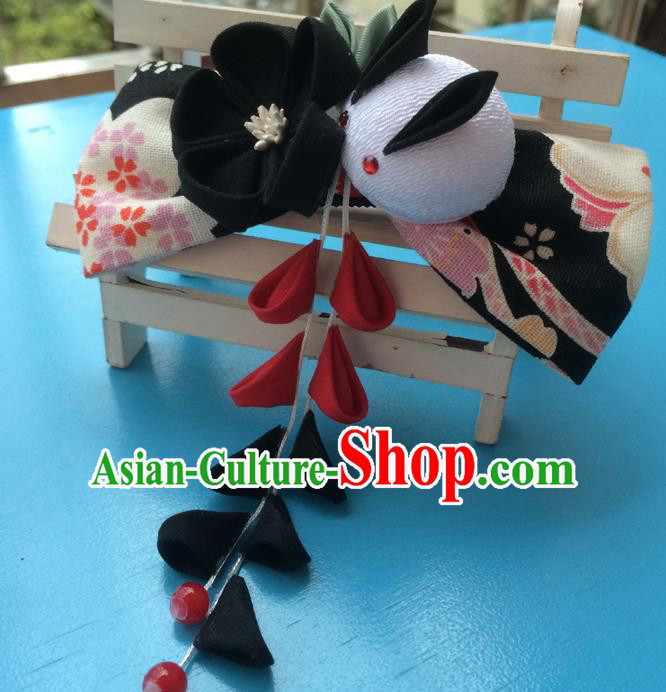 Traditional Japan Black Bowknot Rabbit Tassl Hair Claw Japanese Kimono Hair Accessories for Women