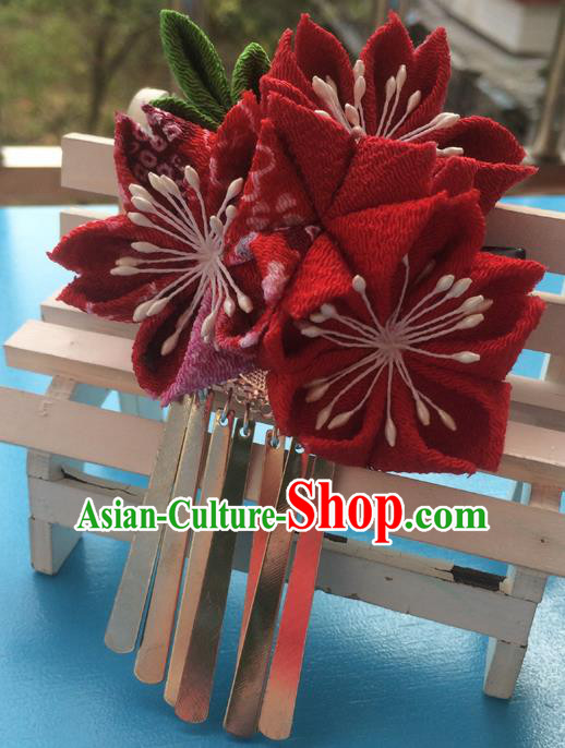 Traditional Japan Red Sakura Tassel Hair Claw Japanese Kimono Hair Accessories for Women