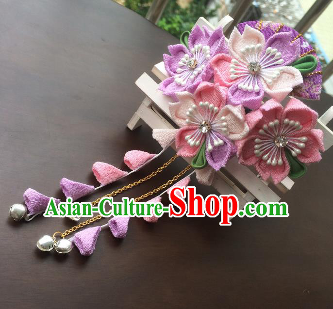 Traditional Japan Purple Fan Sakura Tassel Hair Stick Japanese Kimono Hair Accessories for Women
