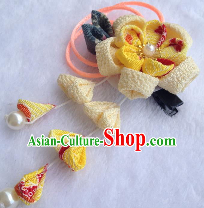 Traditional Japan Yellow Silk Sakura Tassel Hair Stick Japanese Kimono Hair Accessories for Women
