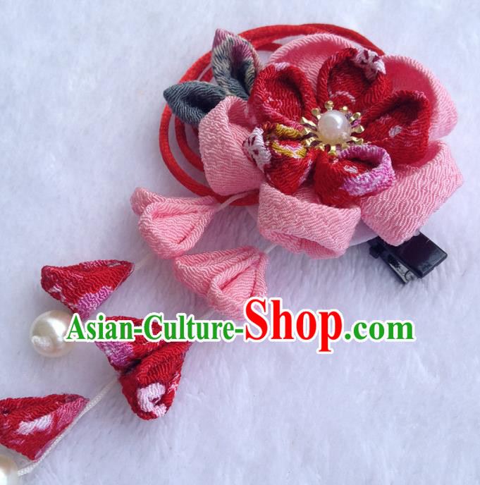 Traditional Japan Red Silk Sakura Tassel Hair Claw Japanese Kimono Hair Accessories for Women