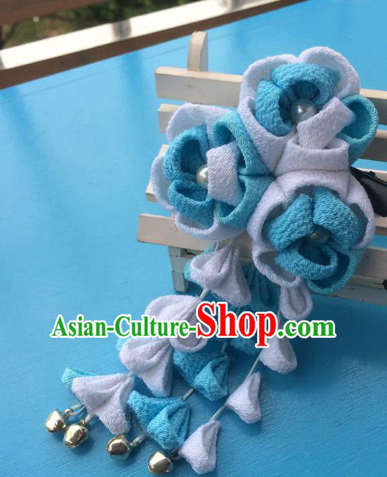 Traditional Japan Blue Silk Sakura Tassel Hair Claw Japanese Kimono Hair Accessories for Women