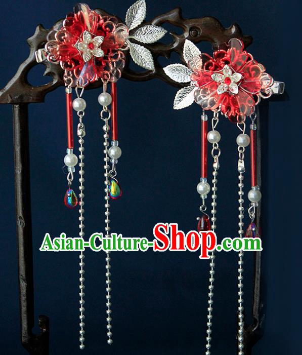 China Ancient Princess Red Flower Tassel Hair Claws Hairpins Chinese Traditional Hanfu Hair Accessories for Women