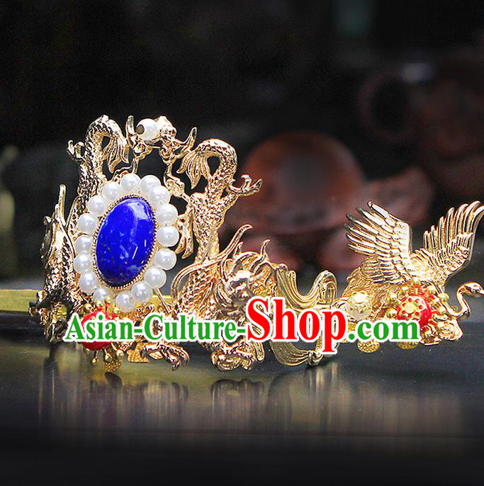 China Ancient Swordsman Blue Bead Hairdo Crown Hairpins Chinese Traditional Hanfu Hair Accessories for Men