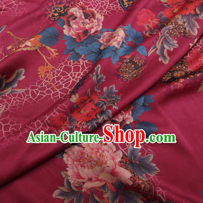 Chinese Traditional Peony Pattern Design Wine Red Satin Watered Gauze Brocade Fabric Asian Silk Fabric Material