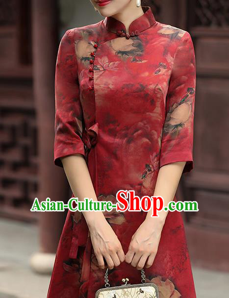 Chinese Traditional Lotus Pattern Design Red Satin Watered Gauze Brocade Fabric Asian Silk Fabric Material