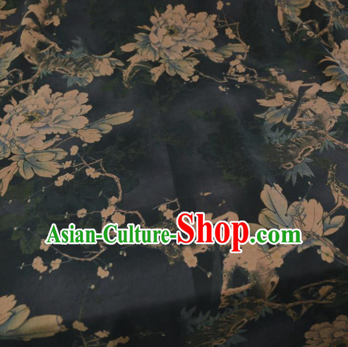 Chinese Traditional Peony Pattern Design Black Satin Watered Gauze Brocade Fabric Asian Silk Fabric Material