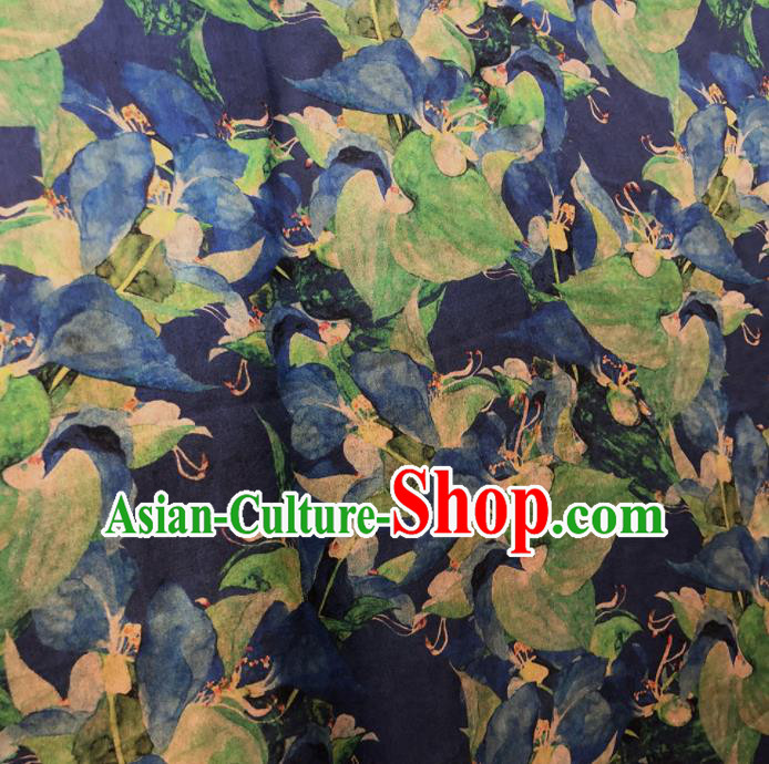 Chinese Traditional Leaf Pattern Design Navy Satin Watered Gauze Brocade Fabric Asian Silk Fabric Material