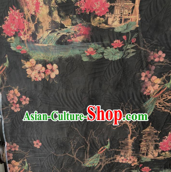 Chinese Traditional Peach Blossom Pattern Design Black Satin Watered Gauze Brocade Fabric Asian Silk Fabric Material