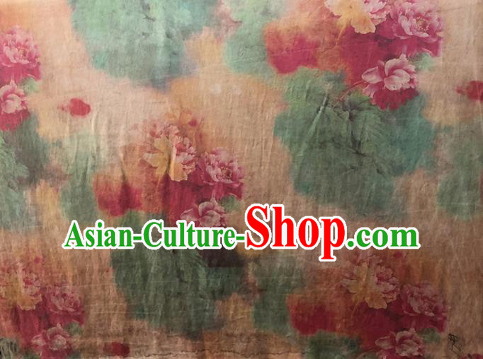 Chinese Traditional Peony Pattern Design Champagne Satin Watered Gauze Brocade Fabric Asian Silk Fabric Material