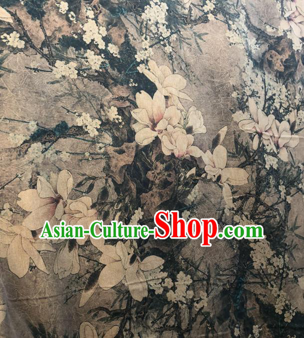 Chinese Traditional Magnolia Pattern Design Grey Satin Watered Gauze Brocade Fabric Asian Silk Fabric Material