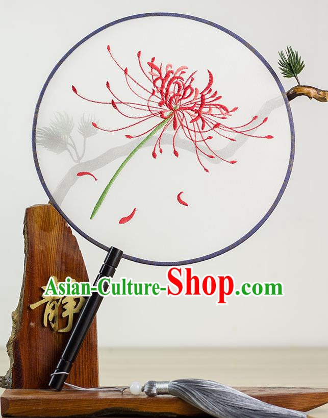 Chinese Traditional Hanfu Embroidered Red Spider Lily Palace Fans Ancient Princess Dance Silk Round Fan for Women