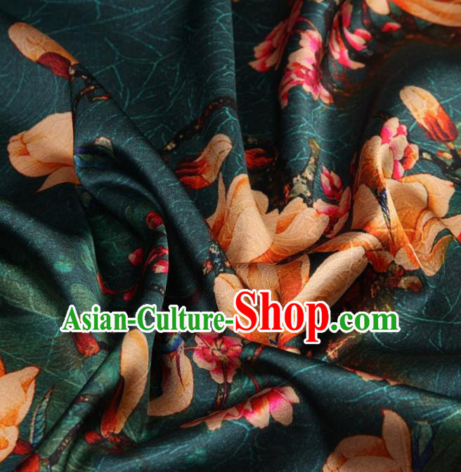 Chinese Traditional Magnolia Pattern Design Dark Green Satin Watered Gauze Brocade Fabric Asian Silk Fabric Material
