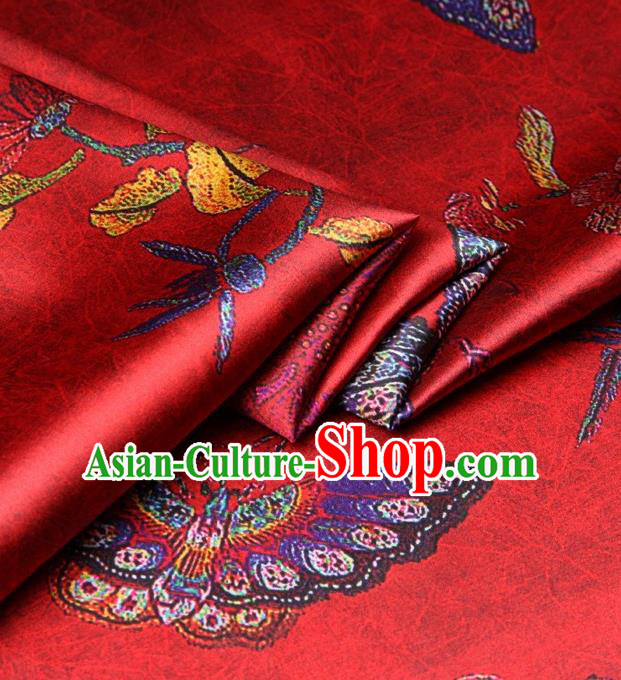 Chinese Traditional Butterfly Pattern Design Red Satin Watered Gauze Brocade Fabric Asian Silk Fabric Material