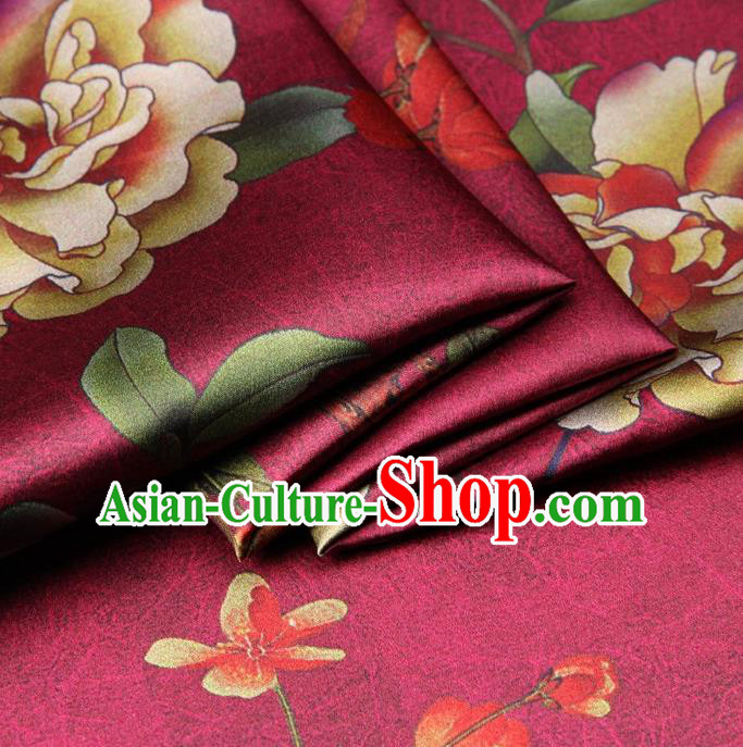 Chinese Traditional Peony Flowers Pattern Design Rosy Satin Watered Gauze Brocade Fabric Asian Silk Fabric Material