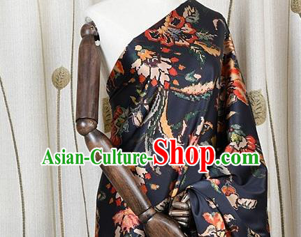 Chinese Traditional Dandelion Pattern Design Black Satin Watered Gauze Brocade Fabric Asian Silk Fabric Material