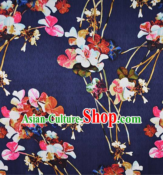 Chinese Traditional Flowers Pattern Design Navy Satin Watered Gauze Brocade Fabric Asian Silk Fabric Material