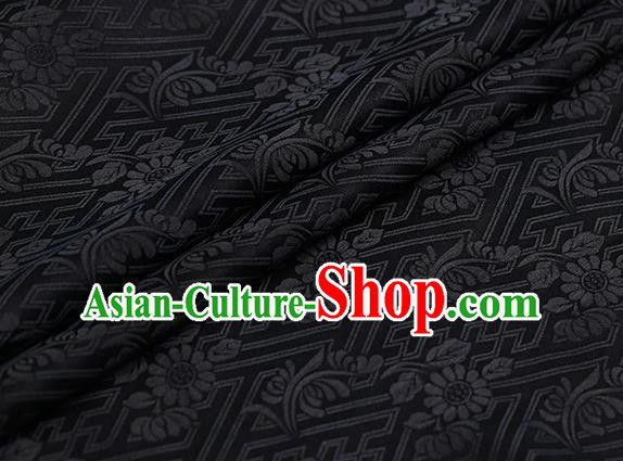 Chinese Traditional Chrysanthemum Pattern Design Deep Grey Satin Watered Gauze Brocade Fabric Asian Silk Fabric Material