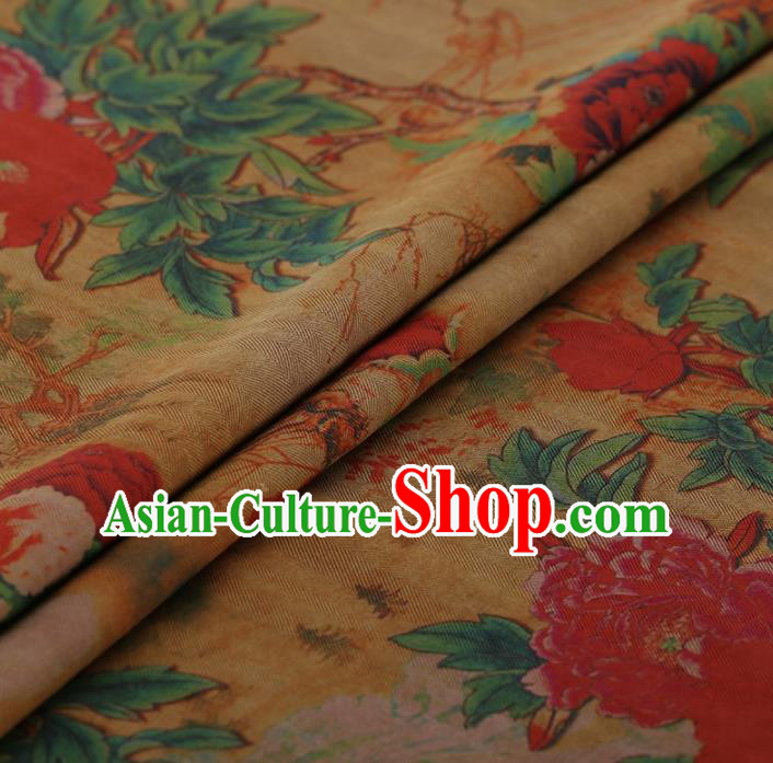Traditional Chinese Satin Classical Peony Pattern Design Yellow Watered Gauze Brocade Fabric Asian Silk Fabric Material