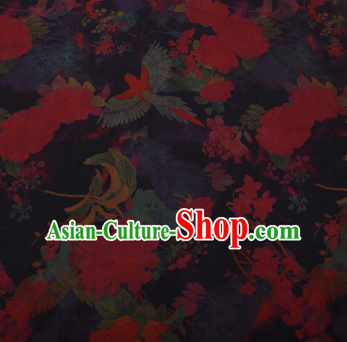 Traditional Chinese Satin Classical Birds Peony Pattern Design Navy Watered Gauze Brocade Fabric Asian Silk Fabric Material