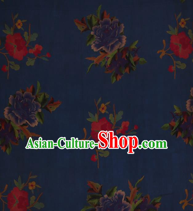 Traditional Chinese Satin Classical Peony Flowers Pattern Design Navy Watered Gauze Brocade Fabric Asian Silk Fabric Material