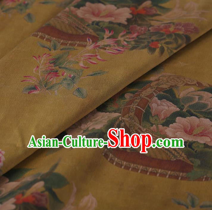 Traditional Chinese Satin Classical Flowers Basket Pattern Design Yellow Watered Gauze Brocade Fabric Asian Silk Fabric Material