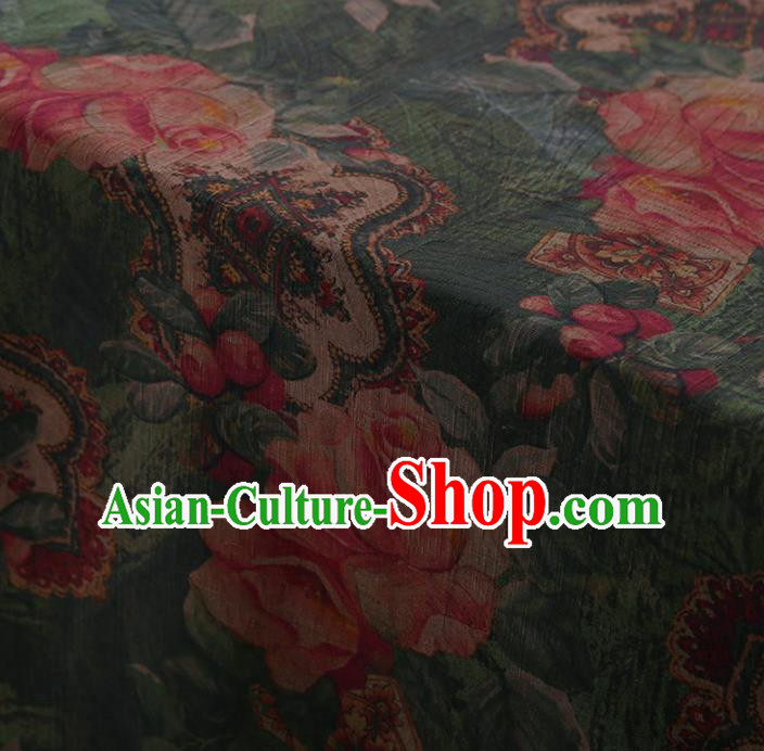 Traditional Chinese Satin Classical Roses Pattern Design Green Watered Gauze Brocade Fabric Asian Silk Fabric Material