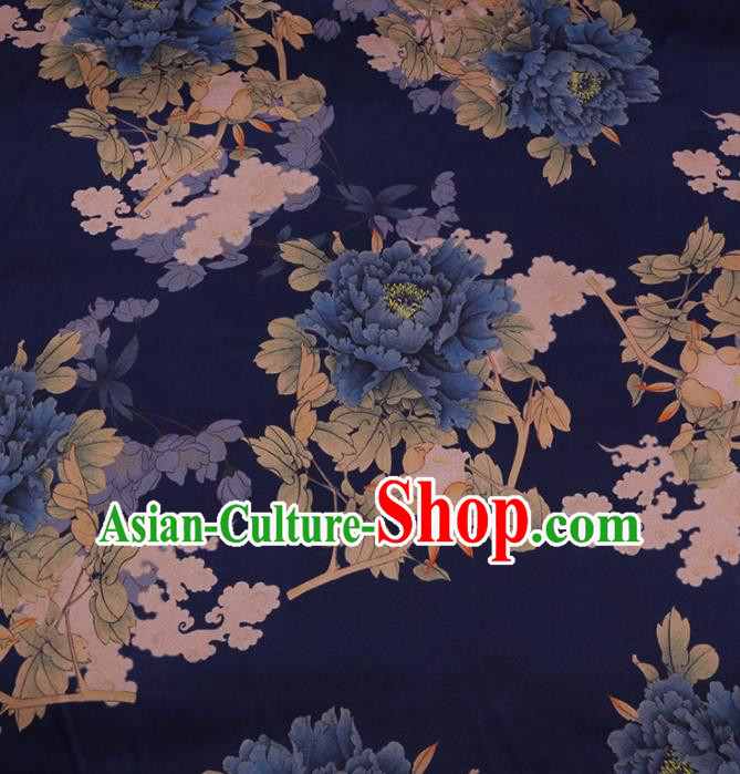 Traditional Chinese Satin Classical Peony Pattern Design Navy Watered Gauze Brocade Fabric Asian Silk Fabric Material