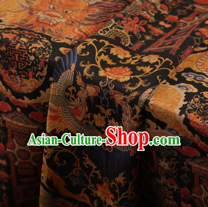 Traditional Chinese Satin Classical Dragon Phoenix Pattern Design Black Watered Gauze Brocade Fabric Asian Silk Fabric Material