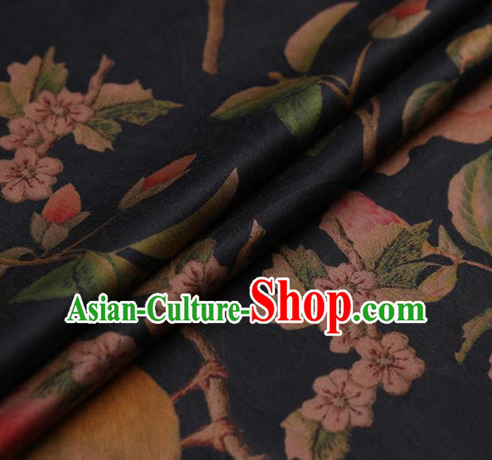 Traditional Chinese Satin Classical Peach Flowers Pattern Design Navy Watered Gauze Brocade Fabric Asian Silk Fabric Material