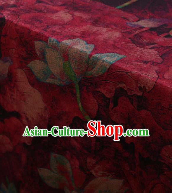 Traditional Chinese Satin Classical Lotus Pattern Design Wine Red Watered Gauze Brocade Fabric Asian Silk Fabric Material