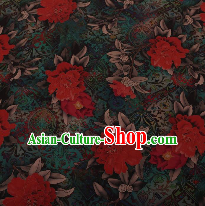 Traditional Chinese Satin Classical Red Peony Pattern Design Watered Gauze Brocade Fabric Asian Silk Fabric Material