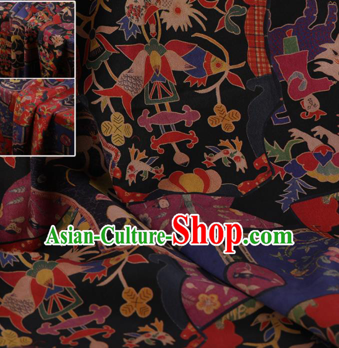 Traditional Chinese Classical Phoenix Pattern Design Black Satin Watered Gauze Brocade Fabric Asian Silk Fabric Material