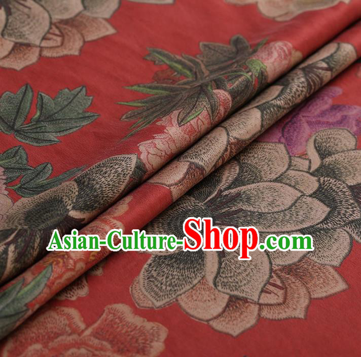 Traditional Chinese Classical Embroidered Peony Pattern Design Red Satin Watered Gauze Brocade Fabric Asian Silk Fabric Material
