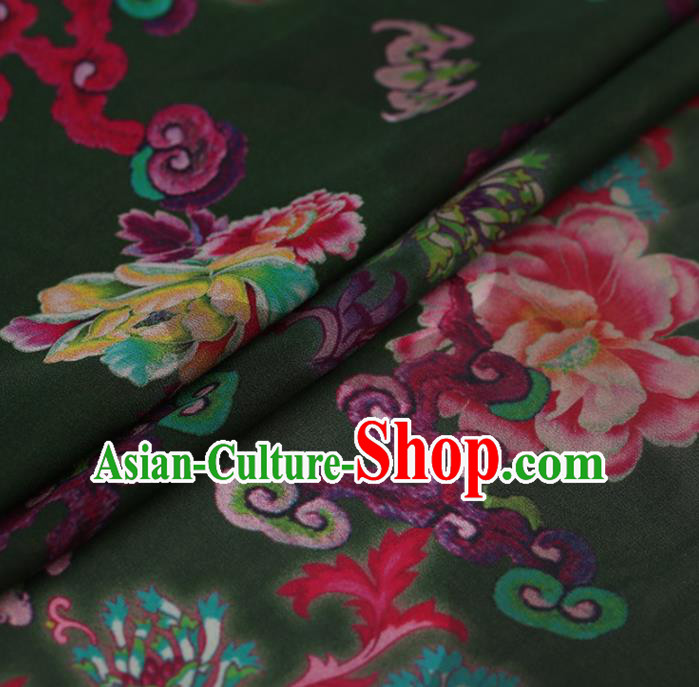 Traditional Chinese Satin Classical Peony Pattern Design Olive Green Watered Gauze Brocade Fabric Asian Silk Fabric Material