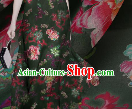 Traditional Chinese Satin Classical Peony Pattern Design Olive Green Watered Gauze Brocade Fabric Asian Silk Fabric Material