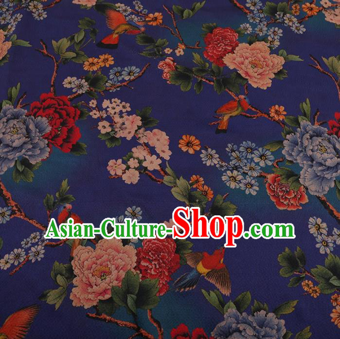 Traditional Chinese Classical Peony Plum Pattern Design Blue Satin Watered Gauze Brocade Fabric Asian Silk Fabric Material