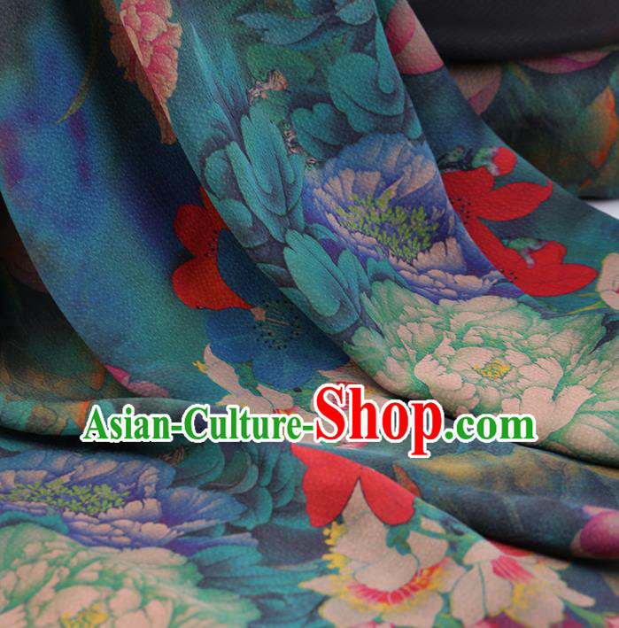 Traditional Chinese Classical Lotus Peony Pattern Design Green Satin Watered Gauze Brocade Fabric Asian Silk Fabric Material