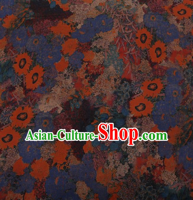 Traditional Chinese Classical Sunflowers Pattern Design Blue Satin Watered Gauze Brocade Fabric Asian Silk Fabric Material