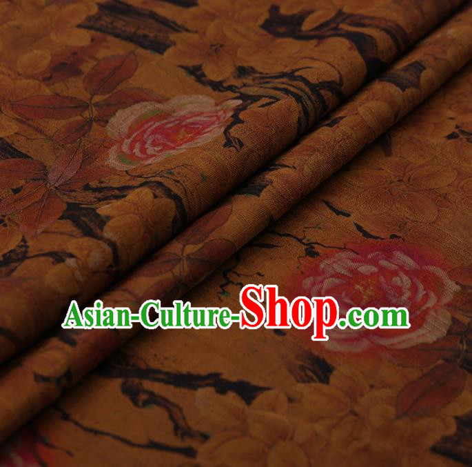 Traditional Chinese Classical Camellia Pattern Design Yellow Satin Watered Gauze Brocade Fabric Asian Silk Fabric Material