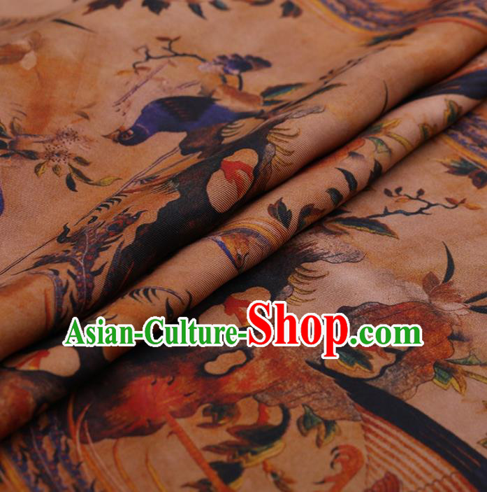 Traditional Chinese Classical Phoenix Lotus Pattern Design Khaki Satin Watered Gauze Brocade Fabric Asian Silk Fabric Material