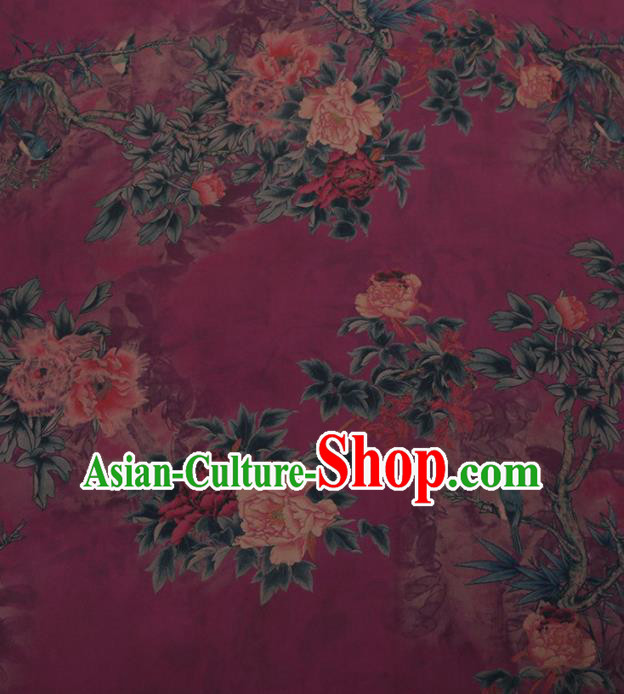 Traditional Chinese Classical Peony Flowers Pattern Design Purple Satin Watered Gauze Brocade Fabric Asian Silk Fabric Material