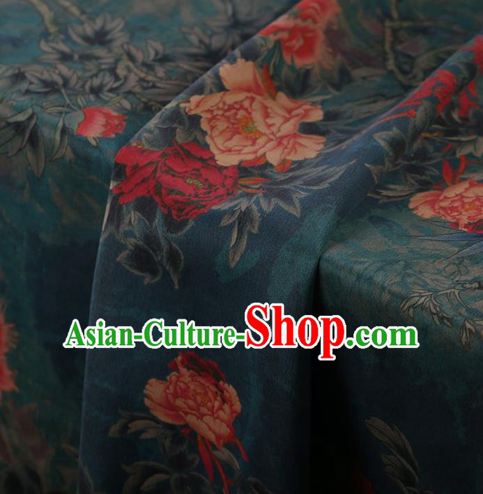 Traditional Chinese Classical Peony Flowers Pattern Design Green Satin Watered Gauze Brocade Fabric Asian Silk Fabric Material