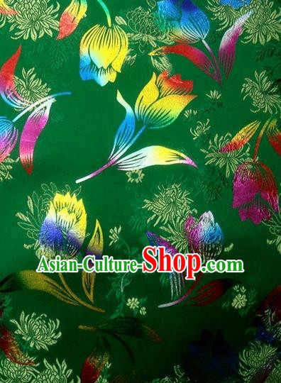 Chinese Classical Gilding Tulip Pattern Design Deep Green Brocade Asian Traditional Hanfu Silk Fabric Tang Suit Fabric Material
