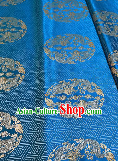 Chinese Classical Round Dragons Pattern Design Blue Brocade Asian Traditional Tibetan Robe Silk Fabric Tang Suit Fabric Material