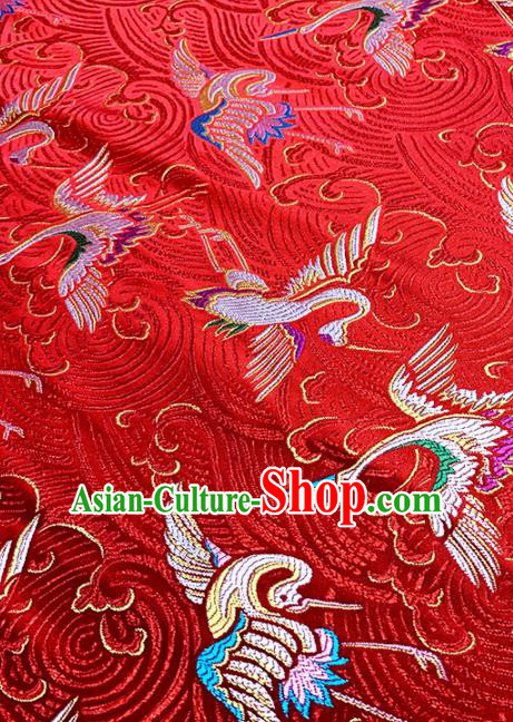 Japan Classical Cranes Pattern Design Red Brocade Asian Japanese Traditional Kimono Silk Fabric Material