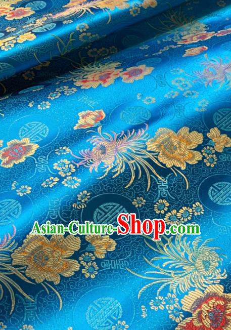 Chinese Classical Chrysanthemum Peony Pattern Design Blue Brocade Drapery Asian Traditional Tang Suit Silk Fabric Material