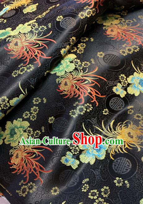 Chinese Classical Chrysanthemum Peony Pattern Design Black Brocade Drapery Asian Traditional Tang Suit Silk Fabric Material
