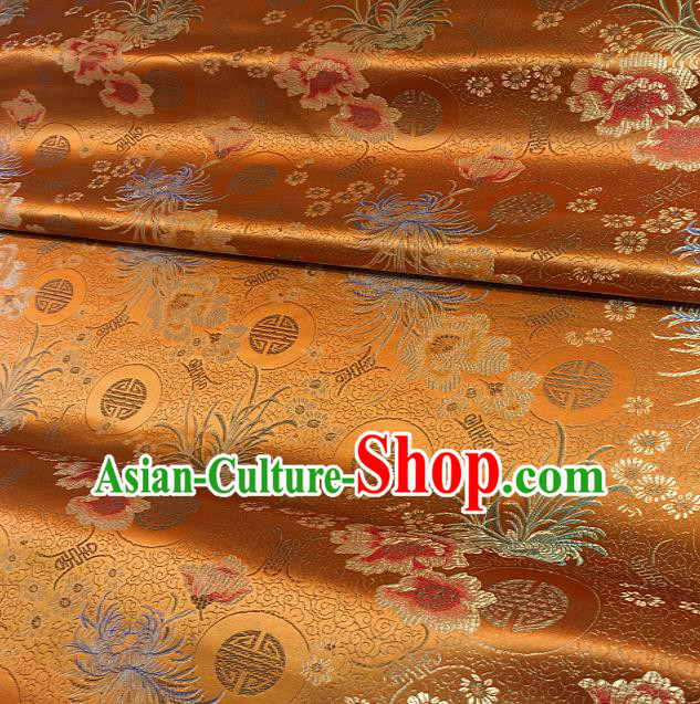 Chinese Classical Chrysanthemum Peony Pattern Design Orange Brocade Drapery Asian Traditional Tang Suit Silk Fabric Material